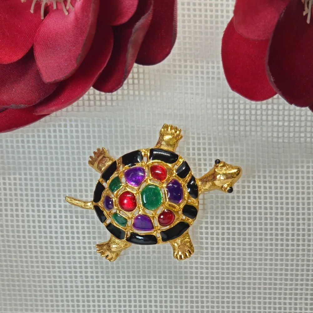 Vintage Colorful Multi Faux Gemstone Gold Tone Turtle Brooch Statement Brooch